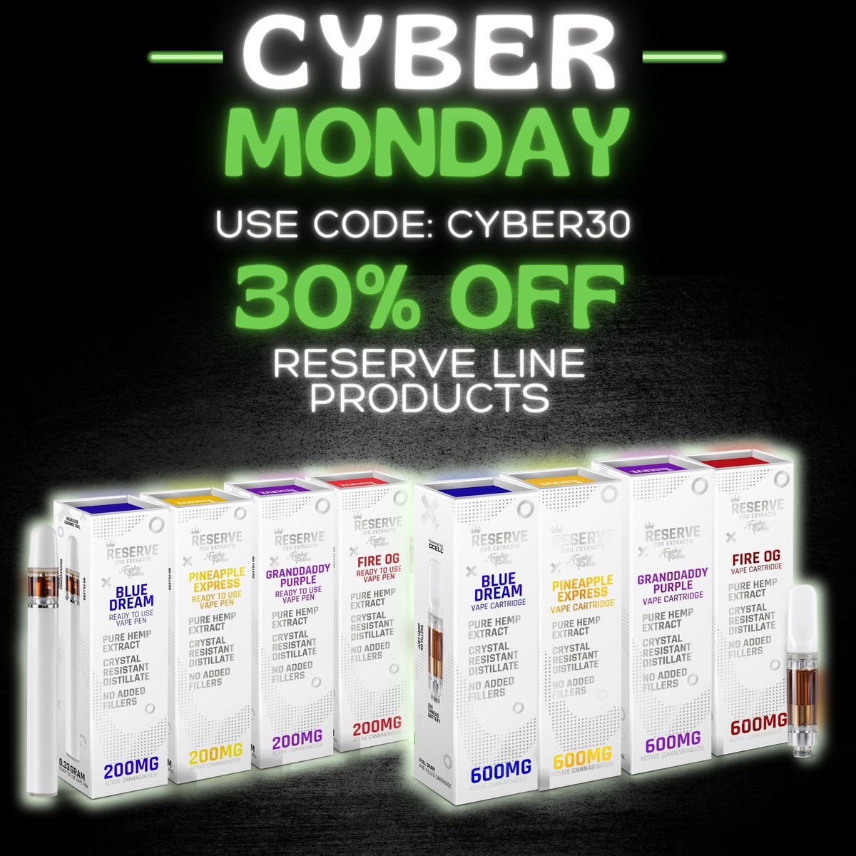It's our Cyber Monday 1-day-Sale! Stock up on our PREMIUM Reserve Line carts &amp; pens with 30% off ALL CRD products.  ~Use code CYBER30~  Sale ends @ midnight~
.
#funky #sale #deal #cybermonday #blackfriday #cbd #hemp #holidaystress #holidaydeal #stockupandsave #cbdgift