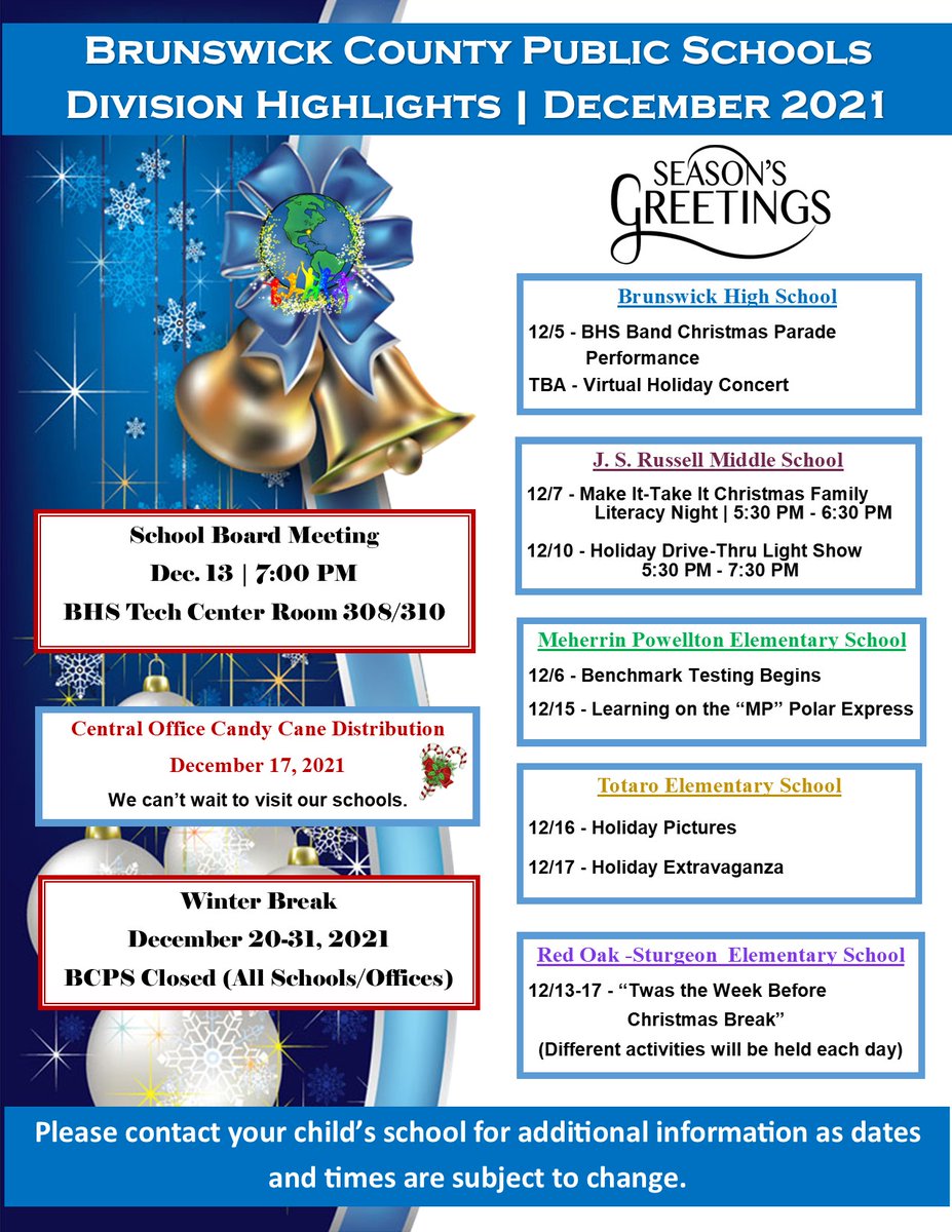 bcpsva's tweet photo. Please check out a few of our Division Highlights for December 2021. We encourage you to contact your school's main office for more up-to-date information as dates and times are subject to change. #BrunswickStrong #BCPSVA https://t.co/cT9gal6Fl1