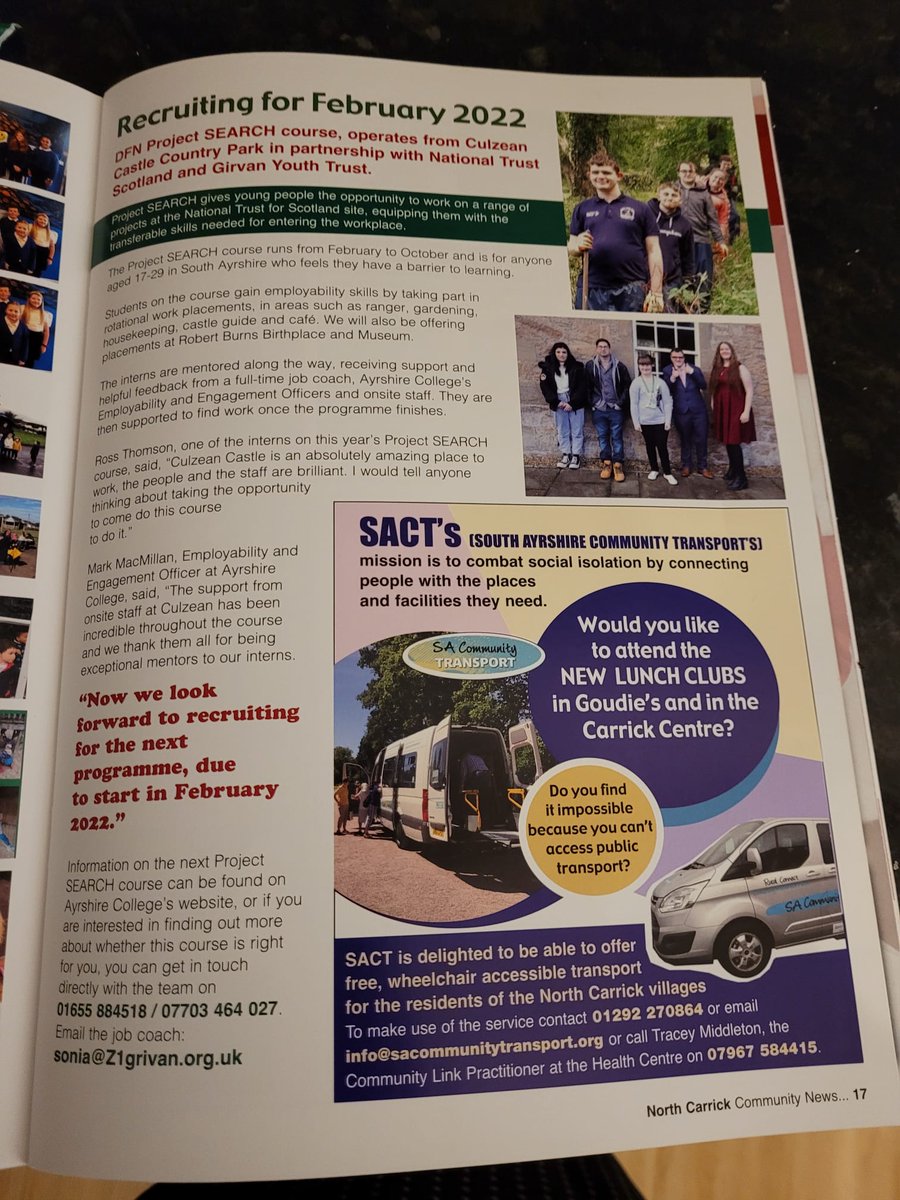 projsearchsayr's tweet photo. Thank you @carrickcentre for publishing our @projsearchsayr journey this year. As the article states, we are still recruiting for next year's February start. Get in touch with the team @AyrshireColl &amp; @girvanyouthtrst for an informal chat. https://t.co/XIXnO4wSHU