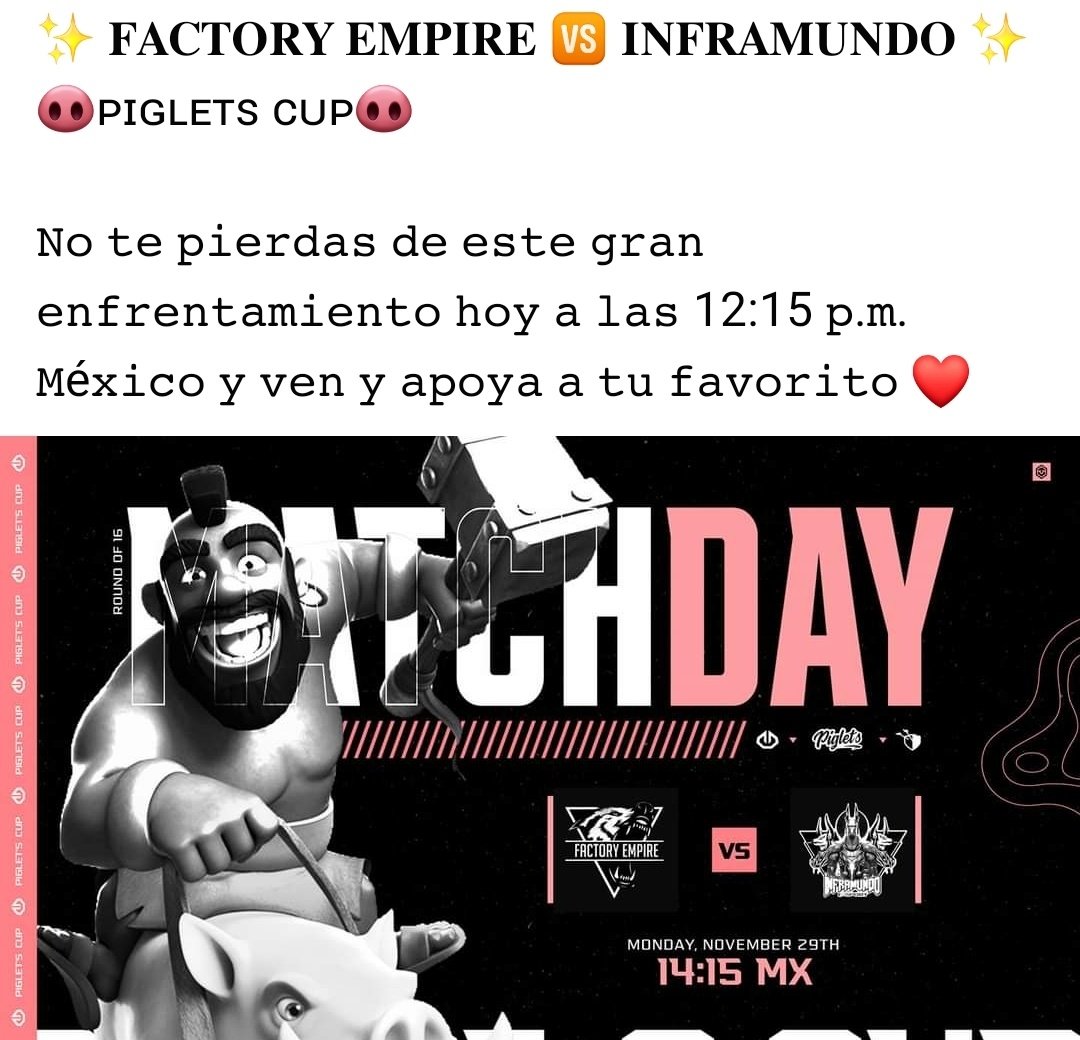 No se lo pierdan hoy pof la página de Facebook
<a href="/Pigletscup/">Piglet's Cup</a> <a href="/FACTORYEMPIRE1/">FACTORY EMPIRE</a> @teaminframundo
facebook.com/AdeeneNoob