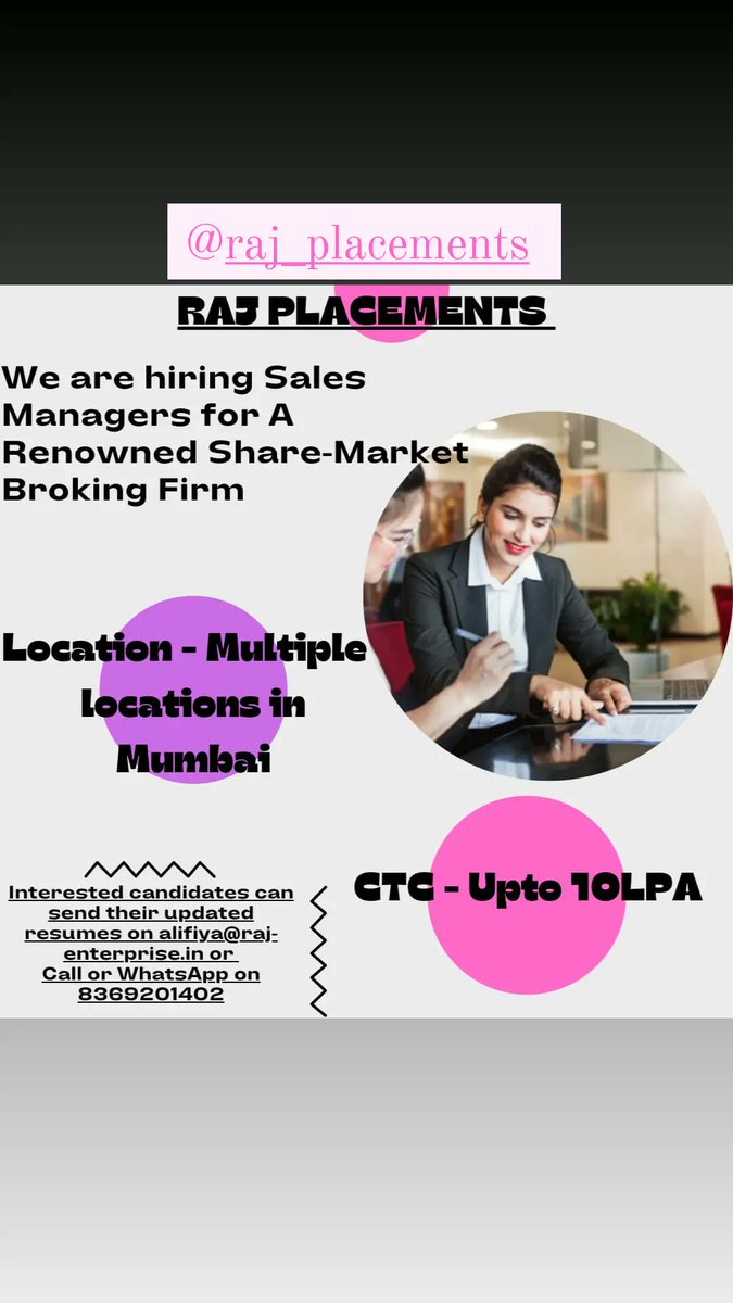 Alifiya Mustafa (@alifiyamustafaa) on Twitter photo We at <a href="/PlacementRaj/">Raj Placement Services</a> are hiring Relationship Manager for a Renowned Share-Market Broking Firm for multiple locations in Mumbai.
#sharemarket #investmentproduct #equity #demat #lifeinsurance #trading #mutualfunds #brokingfirm #Sales #relationshipmanager #Hiring #JobSearch #job We at <a href="/PlacementRaj/">Raj Placement Services</a> are hiring Relationship Manager for a Renowned Share-Market Broking Firm for multiple locations in Mumbai.
#sharemarket #investmentproduct #equity #demat #lifeinsurance #trading #mutualfunds #brokingfirm #Sales #relationshipmanager #Hiring #JobSearch #job