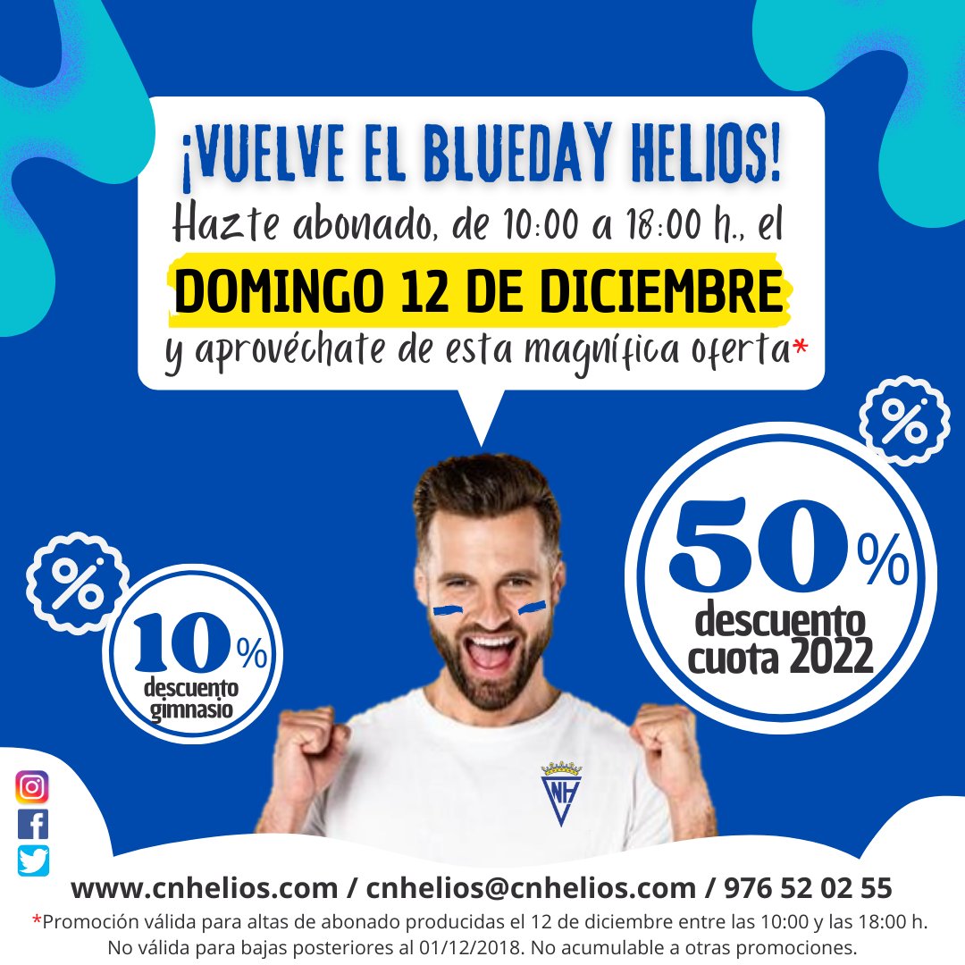cnhelios's tweet photo. BLUEDAY HELIOS
¡¡Vuelve el BlueDay!! 💙 Date de alta como abonad@ para el 2022 el próximo domingo 12 de diciembre, de 10:00 a 18:00 horas, y tendrás un 50% de descuento en tu cuota anual, además de un 10% en la cuota del gimnasio. Consulta condiciones en https://t.co/AtCh84Eald https://t.co/S2ltCBu7bF