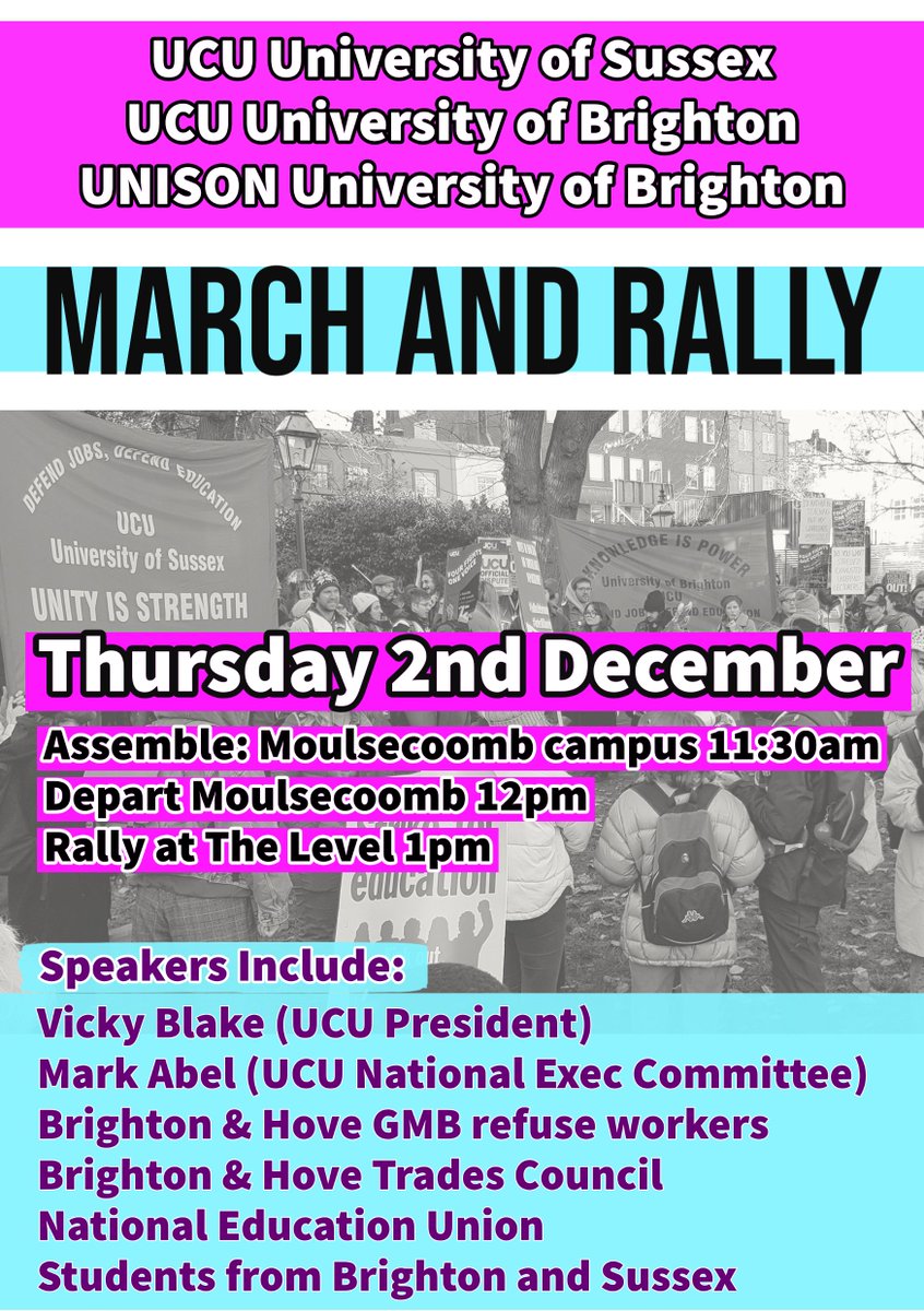 Brighton get ready! THURSDAY march and rally for Higher Education with <a href="/sussexucu/">Sussex UCU</a> <a href="/UniBtonUnison/">University of Brighton UNISON</a> and <a href="/BrightonUCU/">Brighton UCU</a> Featuring UCU President <a href="/zenscara/">Vicky Blake UCU @vickyblake.bsky.social</a> plus local speakers from <a href="/GMB_union/">GMB Union</a> <a href="/NEUnion/">National Education Union</a> <a href="/BrightonHoveTUC/">Brighton & Hove Trades Union Council</a> and more! #OneOfUsAllOfUs