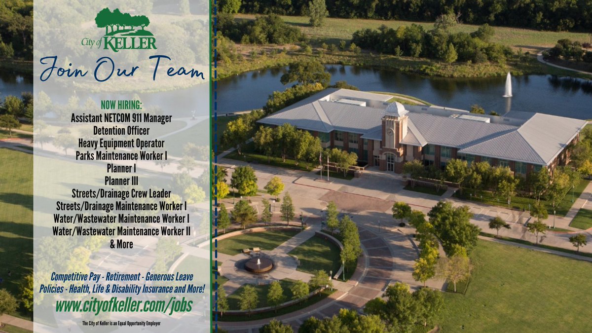 cityofkellertx's tweet photo. Whether you prefer working with heavy equipment, books, master plans or plant material, our openings right now have a little something for everyone. Find the full list of available positions and apply now at https://t.co/tNarg5CkeS https://t.co/IccOlBLrvi