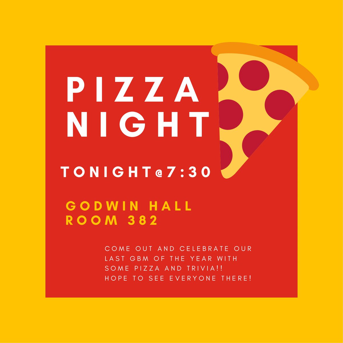 JMUSLAM's tweet photo. 🚨PIZZA!!! Come out for our last GBM of the semester and enjoy some pizza and trivia! Let’s end the year off right. Hope to see everyone there!! (Tonight @ 7:30)🚨 https://t.co/1YqxhYt2oa