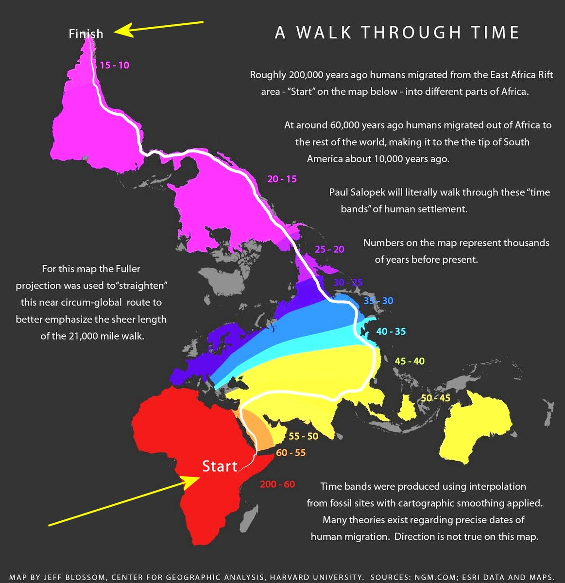 Map visualizing the estimated timeline of early human migration out of Africa.  Source: bit.ly/3llhtDv