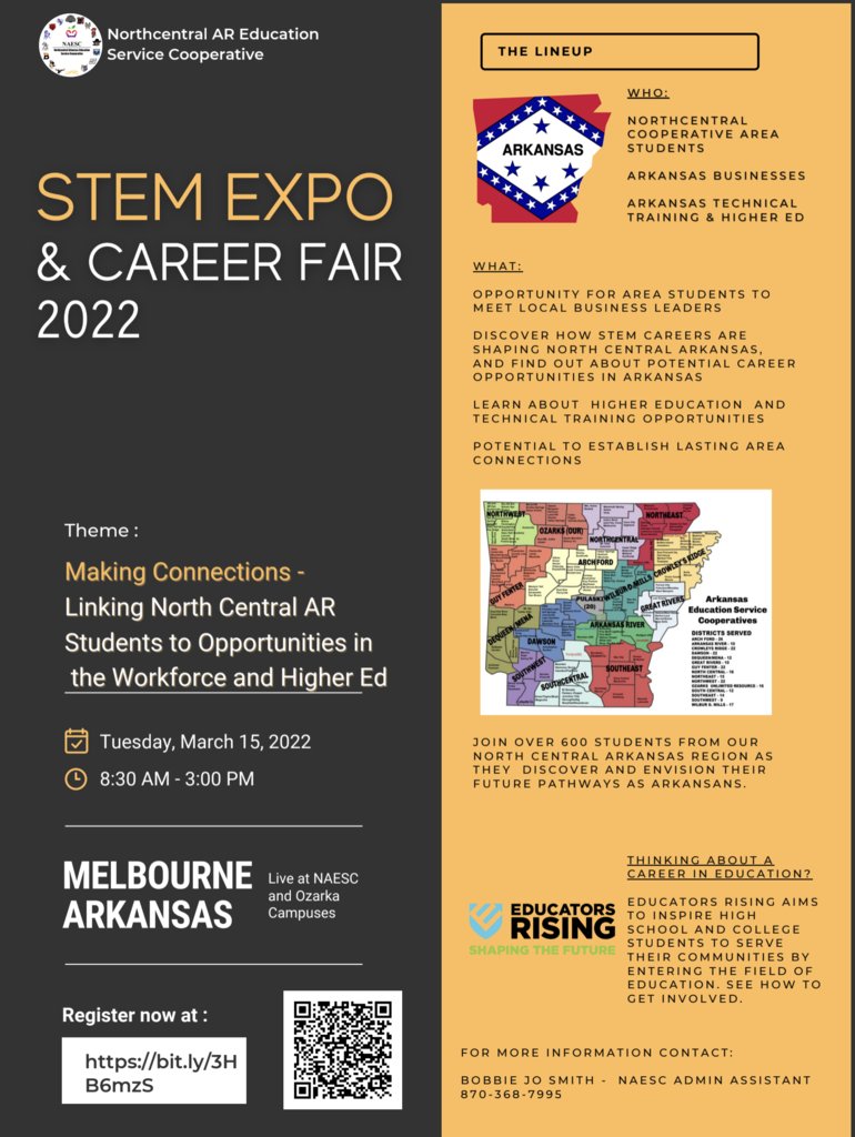 VERY EXCITING! NAESC is hosting the 2022 STEM Expo and Career Fair on March 15. We are expecting over 600 area students who will be introduced to multiple opportunities that will help to guide their future pathways. For more information, feel free to reach out!