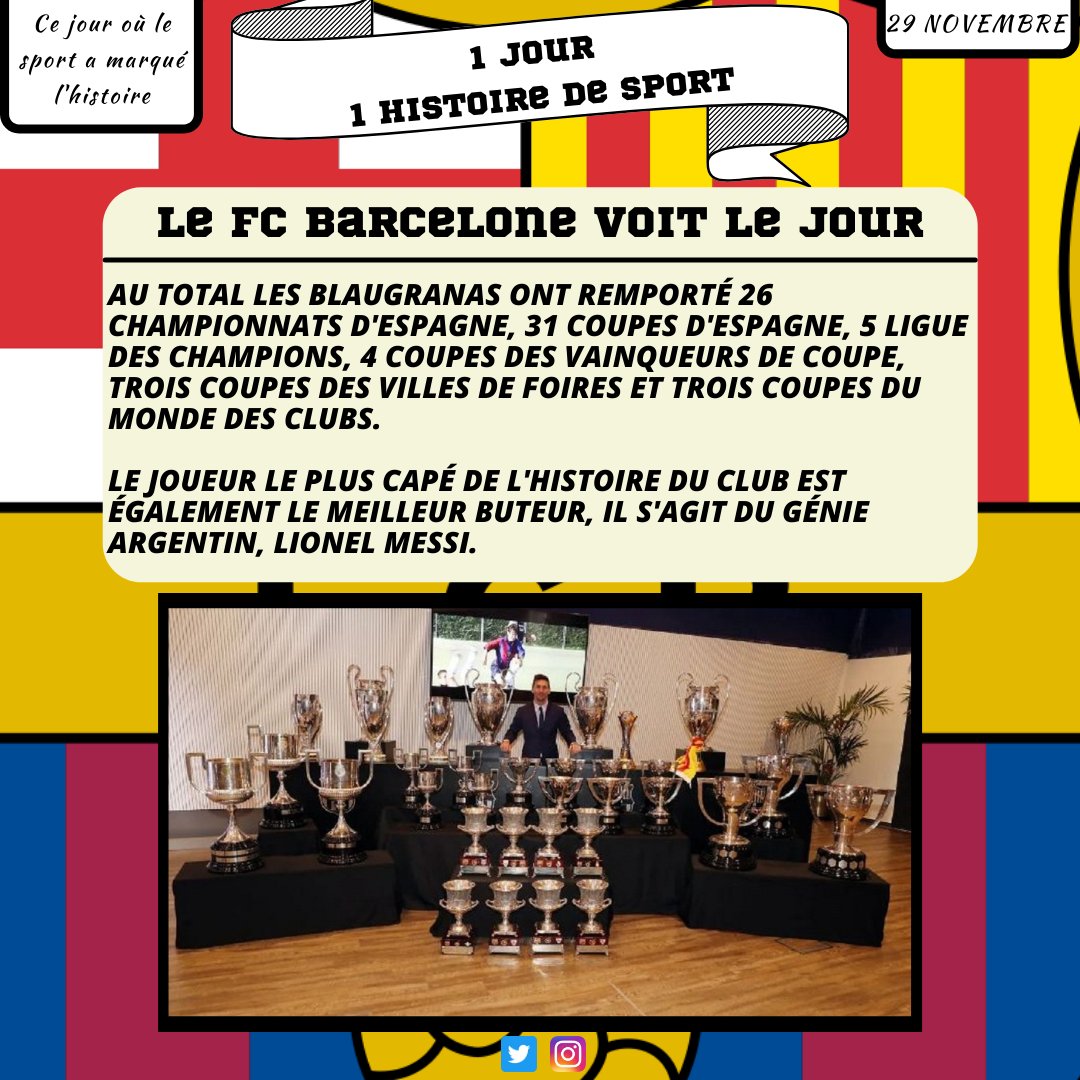 1Histoire2Sport's tweet photo. Il y a 122 ans, le mythique club catalan du FC Barcelone était fondé ! 🔴⚫. 

#sport #foot #football #fondation #moment #ballondor #barcelone #barcelona #messi #argentin #gamper #zürich #fczürich #liguedeschampions #trophées #espagne #catalogne #histoiredesport #29novembre https://t.co/sVy1FyCNU0