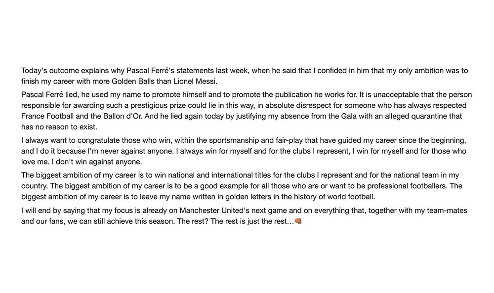 utdreport's tweet photo. Cristiano Ronaldo responds to reports that his ambition is to finish his career with more #ballondor's than Lionel Messi https://t.co/6VkAQgIFM2