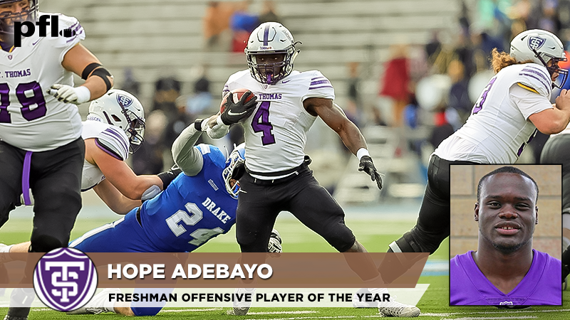 pioneerftbl's tweet photo. PFL Freshman Offensive Player of the Year 
@UST_Football running back Hope Adebayo
Rushed for 658 yards and 12 touchdowns. Finished 12th among FCS freshmen in yardage, and was one of only six FCS freshmen to record double-digit touchdown runs in 2021. #FCS https://t.co/44SYhptfA6