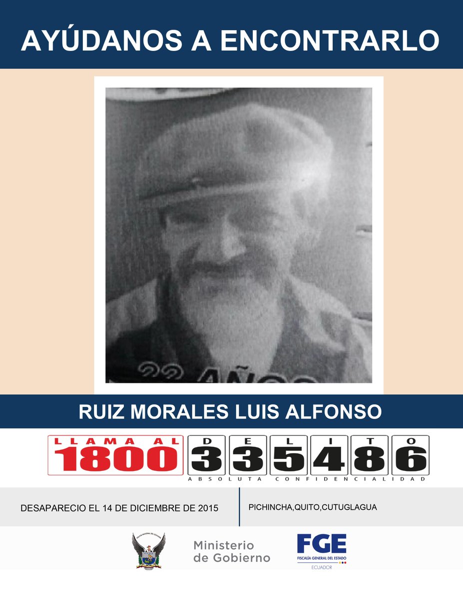 ¡Ayúdanos a encontrarlo!
Luis Ruiz fue visto por última vez el 14 de diciembre de 2015, en Cutuglagua, Quito (Pichincha).
➡️ bit.ly/3E8tofj
Si tienes información, comunícate al 1800 DELITO (335486).
#DesaparecidosEcuador