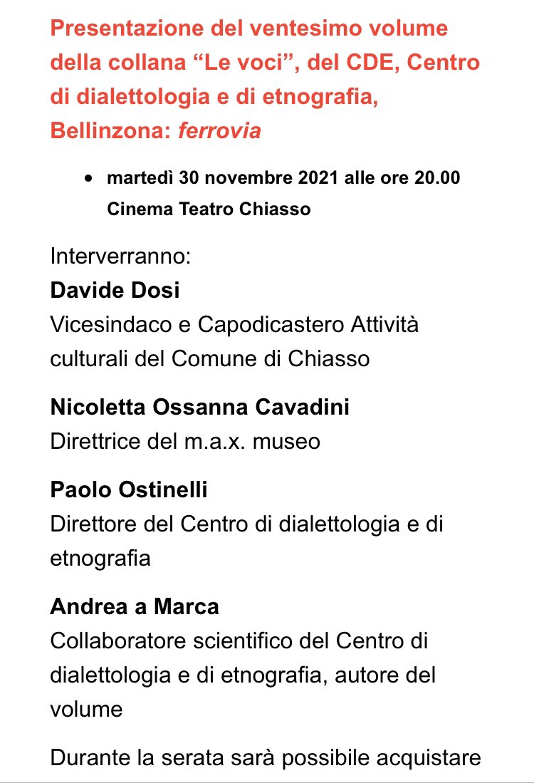 A proposito di Ferrovia domani al Cinema Teatro di Chiasso. Andrea A Marca presenta l’ultima pubblicazione del Centro di dialettologia e di etnografia, di cui è autore. #culturaticino #culturainmovimento