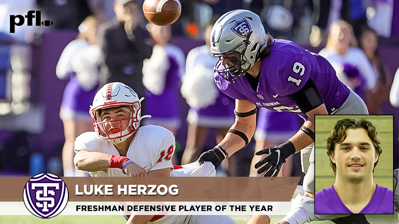pioneerftbl's tweet photo. PFL Freshman Defensive Player of the Year 
@UST_Football linebacker Luke Herzog
Recorded 47 tackles, 8½ TFLs, &amp; 4 sacks in 2021. All 4 sacks came in PFL play and he ranked among the league's Top 10 in tackles for loss and sacks.  #FCS https://t.co/UuRnM3cNvZ