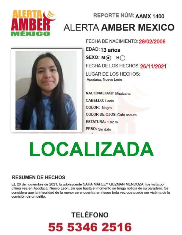 AAMBER_mx's tweet photo. La #AlertaAMBER  para SARA MARLEY GUZMAN MENDOZA de 13 años de edad, se desactiva debido a su localización. ¡Gracias por tu apoyo! https://t.co/xNfx6wH28N