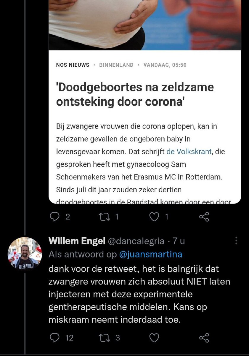 Deze tweet maakt me echt verdrietig.

Ik houd m'n hart vast voor vrouwen die vertrouwen hebben in deze charlatan. Zij die hierdoor wellicht een kindje verliezen.💔 Moeders van wie de baby te vroeg moet worden gehaald omdat ze op de IC belanden. 

Ik vind Engel ronduit gevaarlijk.