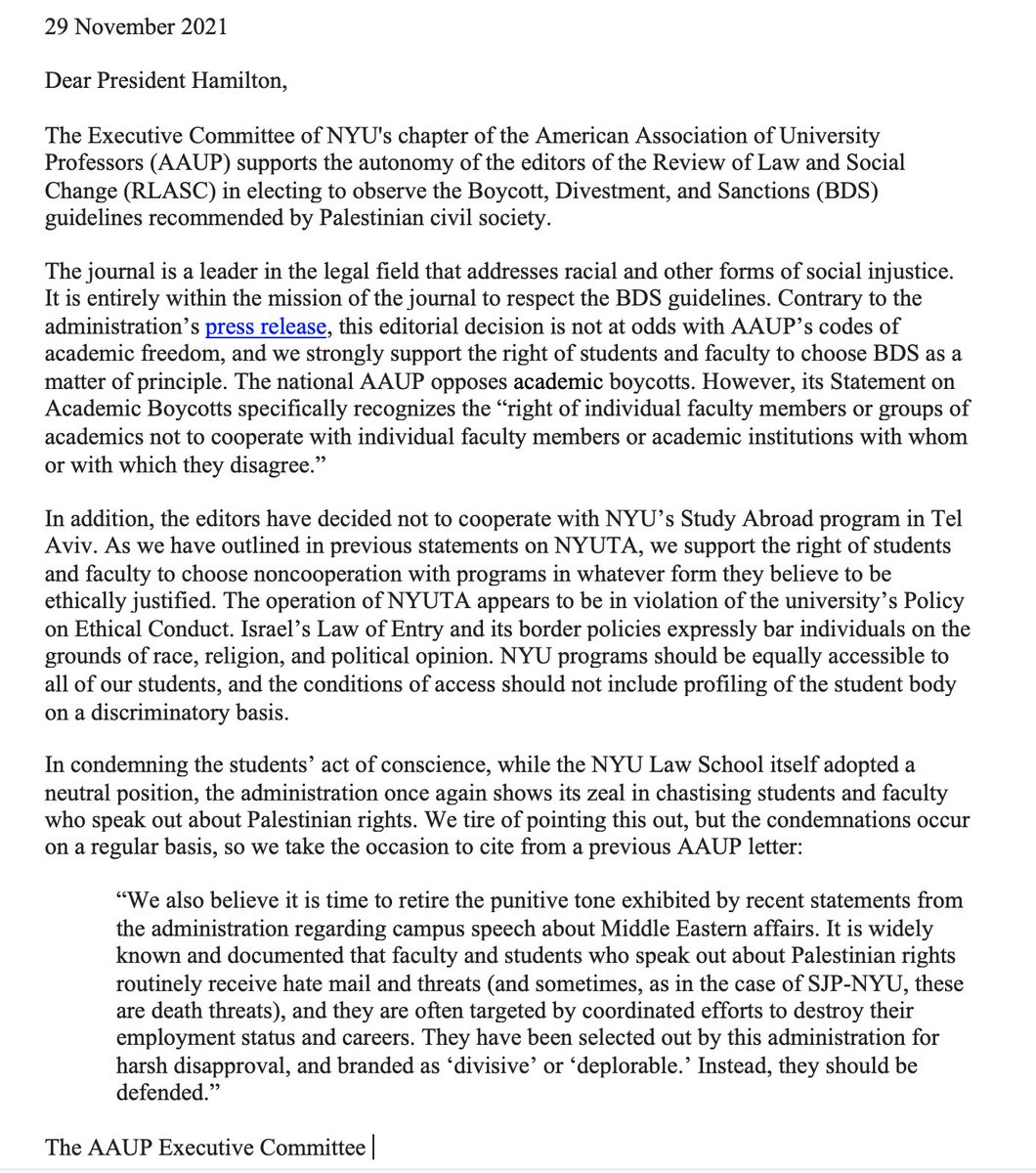 The Executive Committee of @aaup_nyu today sent this letter to NYU President Andrew Hamilton supporting @SocialChangeNYU's right to observe BDS — and to decline cooperation with NYU's study abroad program in Tel Aviv