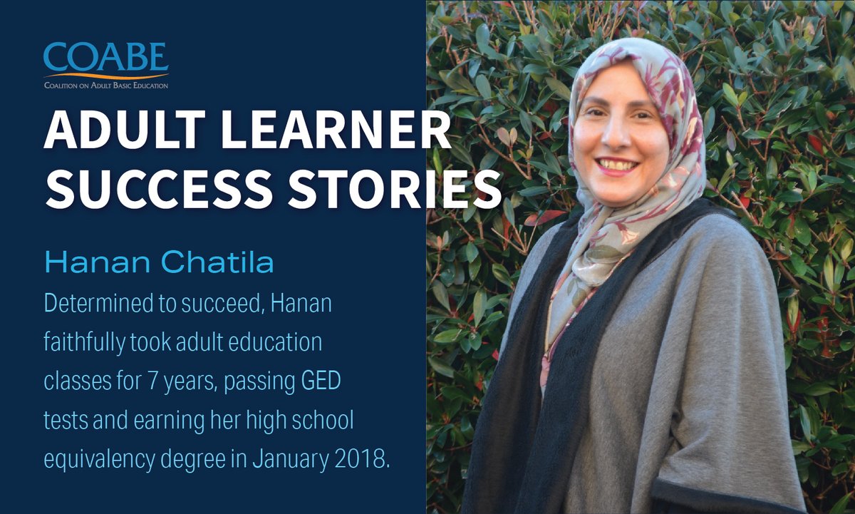 COABEHQ's tweet image. Hanan enrolled in adult education as an English language learner and ESL student, overcoming domestic and health challenges to earn her High School Equivalency degree. An honor student with a 4.0 GPA, Hanan is pursuing a degree as a radiology technician and volunteers locally.