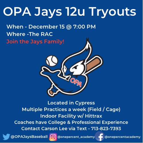 OPAJaysBaseball's tweet photo. We will be having 12u Spring Tryouts on December 15th!
Come join the Jays Family
#jaysbaseball
#opajays
#houstonbaseball
#houstonselectbaseball https://t.co/J2A8LOi5n4
