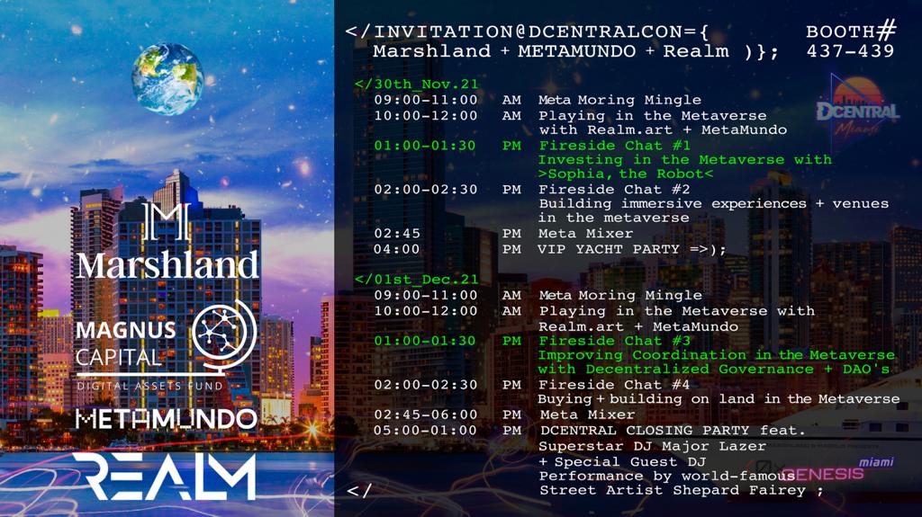 Enter_Realm's tweet photo. Who is joining the #Realm team at @DCentralCon in Miami tomorrow??? 

We will be hosting some fireside chats where we’ll talk about the future of the metaverse… Tune back in tomorrow for our live coverage of the event, and check out our invite for more info!

#NFT #DCentralCon https://t.co/7JmhVKfFzT