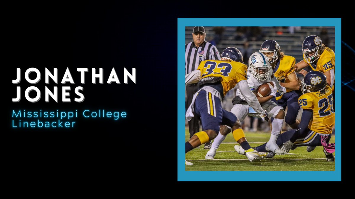 MsSportsHoF's tweet photo. Jonathan Jones, Linebacker at Mississippi College, a graduate transfer from Southern MS, is a Charleston, Mississippi native who led the Choctaws defense with 58 solo tackles and 19 assisted tackles. Jones also recorded threesacks and 4.5 tackles for loss during the season. https://t.co/0HyINGBkZG