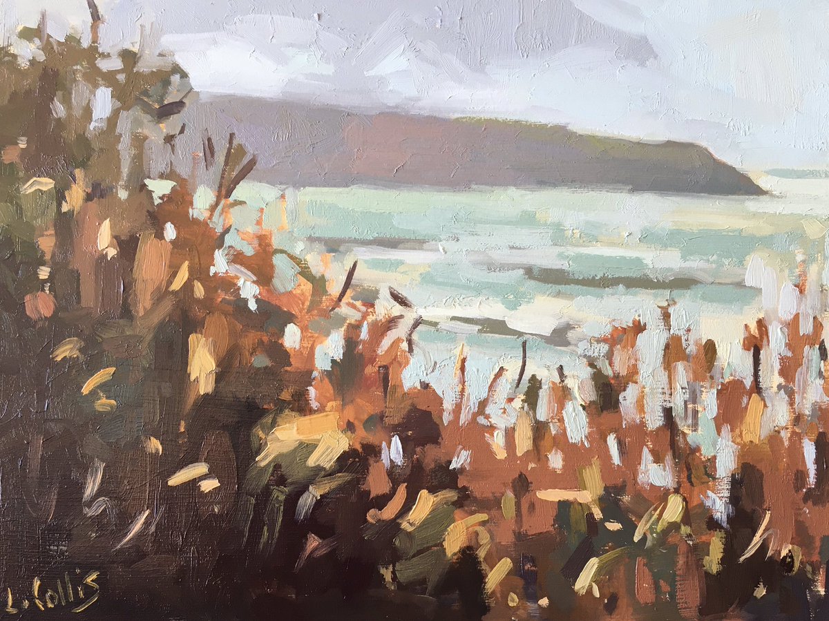 Baggy Point through Winter Foliage. 
.
8”x6” oil on board 
.
All my 8”x6” paintings are available for £125, this one will be dry in 2 weeks and there are lots more on my website. 
louisecollis.com