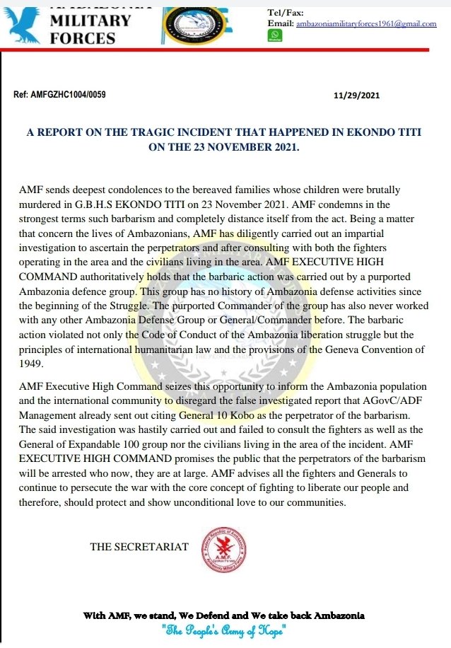 MarkBareta's tweet photo. Six days after the barbaric murder of students in #EkondoTiti, Ambazonia Military Forces-AMF has concluded their investigation. The high council of AMF has now confirmed the barbaric act was carried out by a purported Amba defense group with no history activity history since 2016 https://t.co/MMdnlGFbQl