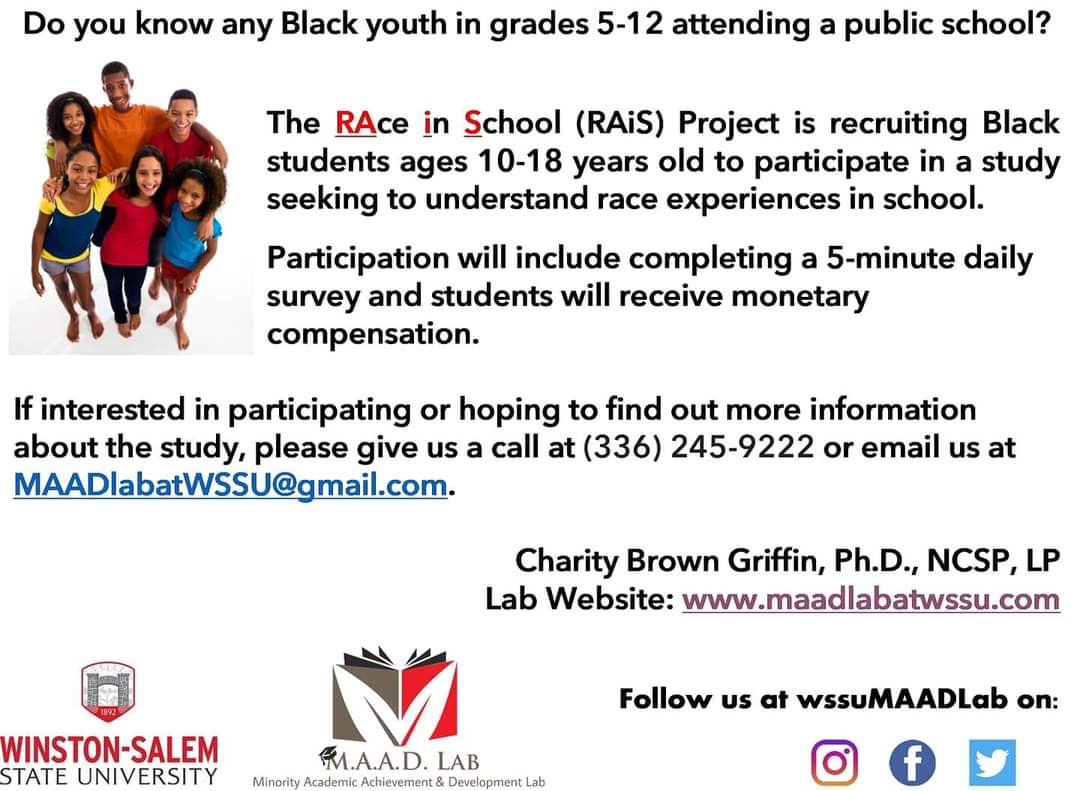 We're still recruiting Black youth in grades 5-12 attending public schools. Participation is remote, so please share far and wide!