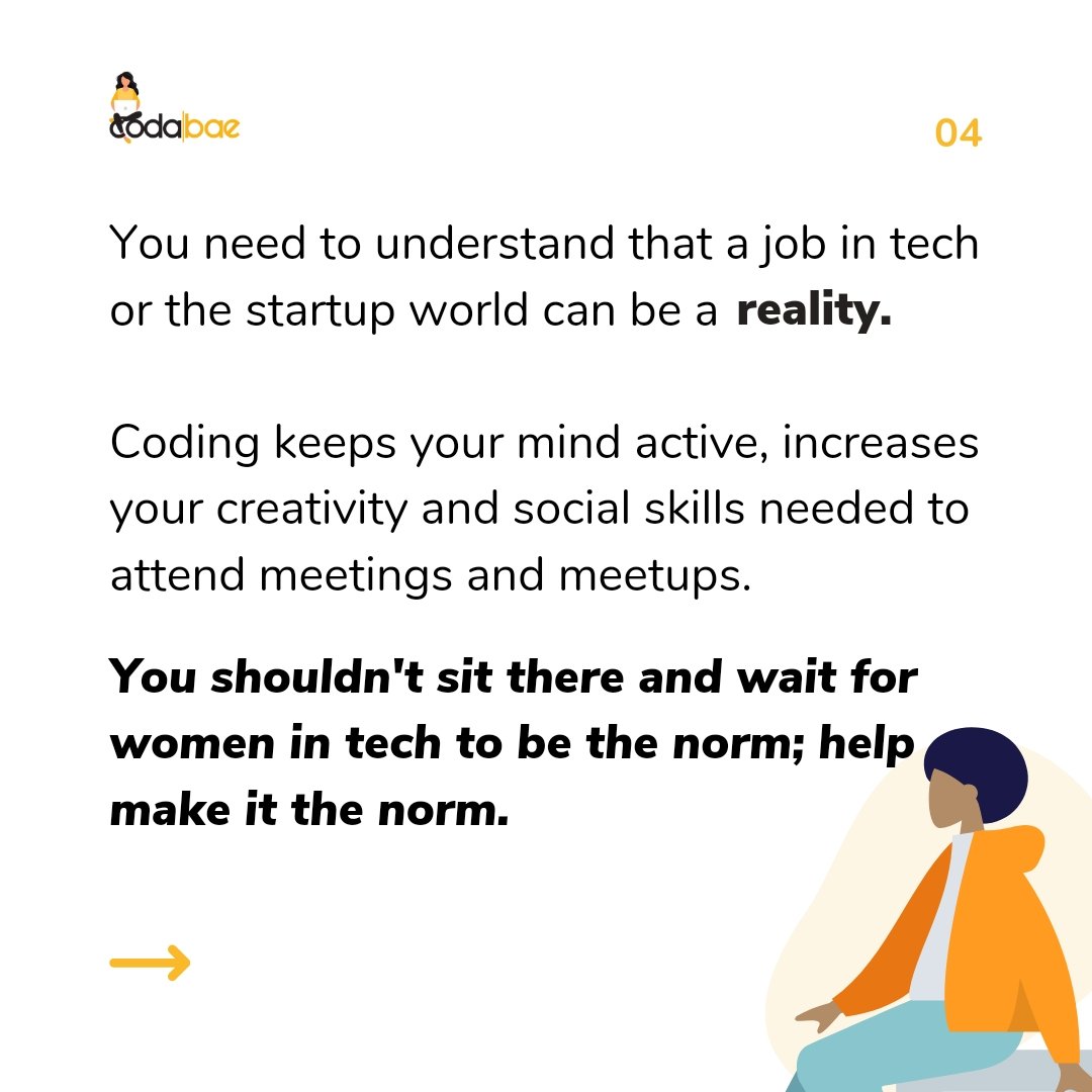 codabae's tweet photo. As a #lady, why aren't you #coding when you're intrigued by the prospects in #tech? 

#codabae #codeinclusive #th5series #CodeNewbie #WomenWhoCode #Python #AI #DataScience #100DaysOfCode #JavaScript #BigData #CloudComputing #OpenSource #GirlsWhoCode #ReactJS #OrangeTheWorld https://t.co/PmN0vgP1m0
