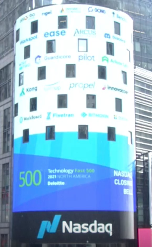 PropelConverged's tweet photo. Thrilled to be featured as part of the @Nasdaq Virtual #ClosingBell on Friday! @GarrettHerbert, @Deloitte #SiliconValley Managing Partner, rang the bell while #BayArea #Fast500 winning companies were featured on the big screen! #product360 https://t.co/H4q4GQBkKG