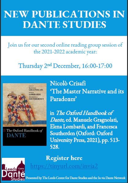 ETrischler's tweet photo. Join New Publications in Dante Studies, Thursday 2 December, 16:00–17:00 (BST) via Zoom: Nicolò Crisafi ‘The Master Narrative and its Paradoxes’. Register: https://t.co/B8ulZEmRMz #Dante @LeedsDante #dante700 https://t.co/t4IlmxZVYq