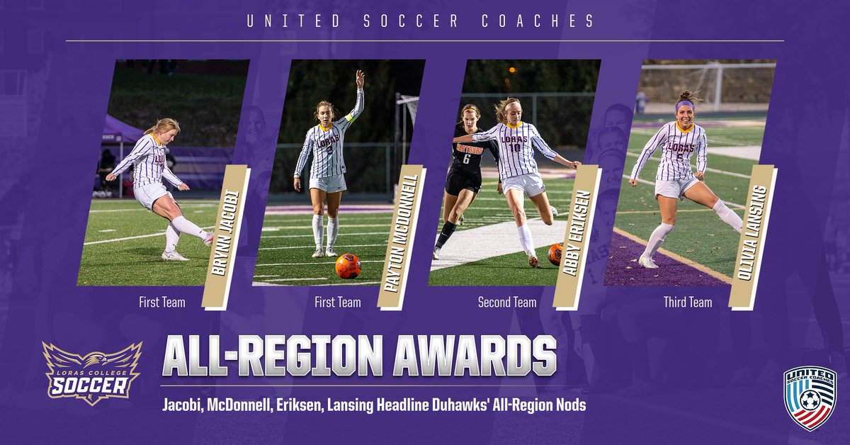 LorasAthletics's tweet photo. No. 9 @LorasWSoccer's McDonnell, Jacobi, Eriksen and Lansing Receive All-Region Recognition by @UnitedCoaches
https://t.co/NnZgW95vcH
#GoDuhawks https://t.co/zkYwubRgMs