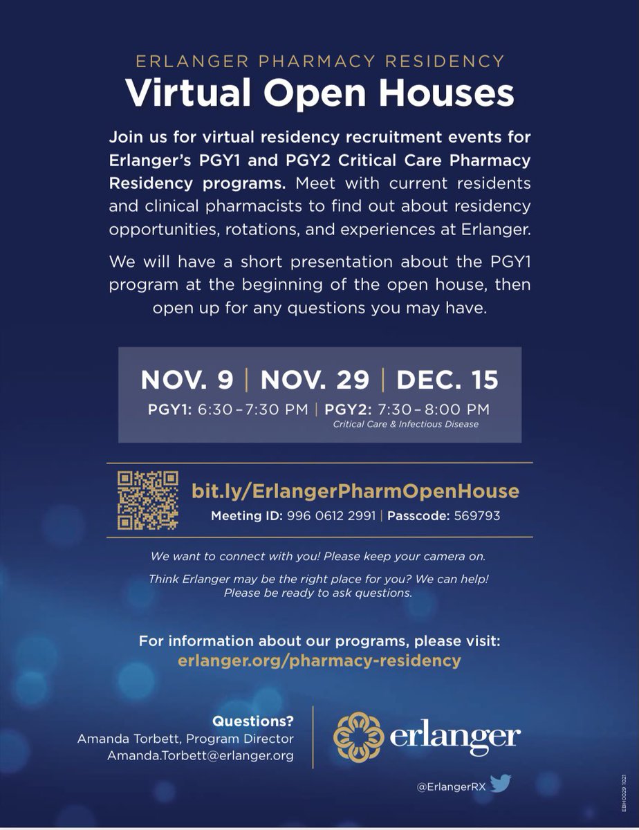 Join us TONIGHT for our second virtual Residency Open House. Learn about our PGY1 Program starting at 6:30(est) and our Infectious Diseases PGY2 Program at 7:30(est)! We can’t wait to meet you! #pharmres #TwitteRx
