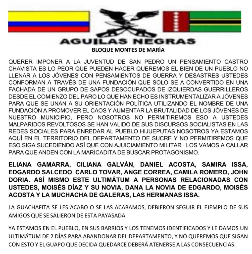 ArielAnaliza's tweet image. "El discurso de la violencia de la derecha se está ensañando con los Consejos de Juventudes. 

Es inadmisibles que las supuestas Águilas Negras amenacen jóvenes en San Pedro, Sucre, por querer cambiar la política de los Clanes departamentales y municipales. Total rechazo".