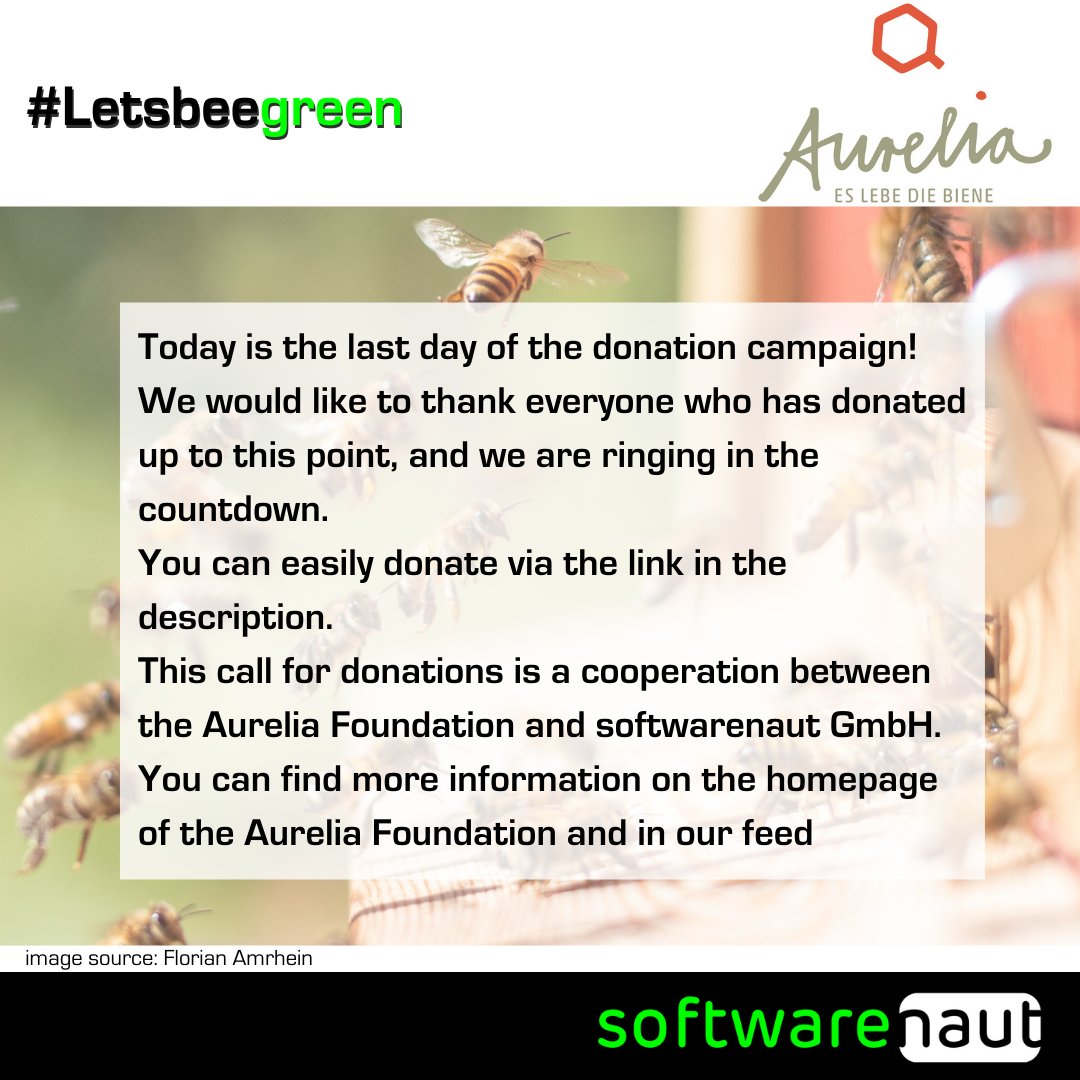 softwarenaut's tweet photo. Heute ist der letzte Tag des Spendenaufrufs! Wir danken jedem, der bis hier hin gespendet hat und läuten den Countdown an: #Letsbeegreen 🐝 @EsLebeDieBiene
Über den Link in der Beschreibung könnt ihr spenden.

#beyondprofit #ITsocialenterprise   #eslebediebiene #blackweek https://t.co/b1lwNSKFiK