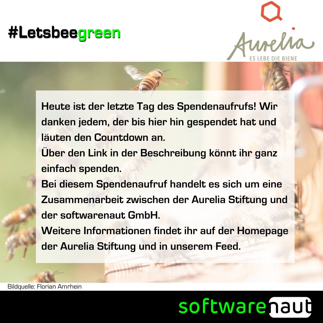 softwarenaut's tweet photo. Heute ist der letzte Tag des Spendenaufrufs! Wir danken jedem, der bis hier hin gespendet hat und läuten den Countdown an: #Letsbeegreen 🐝 @EsLebeDieBiene
Über den Link in der Beschreibung könnt ihr spenden.

#beyondprofit #ITsocialenterprise   #eslebediebiene #blackweek https://t.co/b1lwNSKFiK