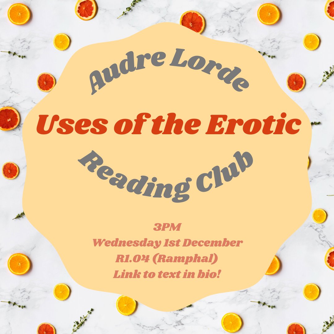 hi everyone! see you in two days time for this book club on audre lorde's essay 'uses of the erotic' 😍 it's definitely an exec favourite 🧡💛🖤 love and solidarity as always, WASS 💜💜💜