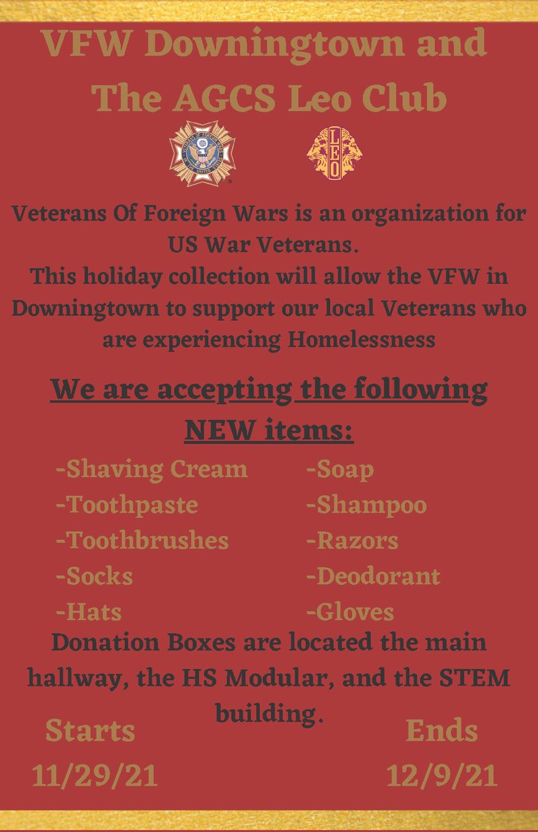 AGCharter's tweet photo. The AGCS Leo Club & VFW Downingtown are collecting items to help local Veterans who are experiencing homelessness.Β If you're able to contribute, please drop items off at the State Road campus or send items in with your child.
#agcharter #spiritandsuccess https://t.co/VDrXtXXpWv