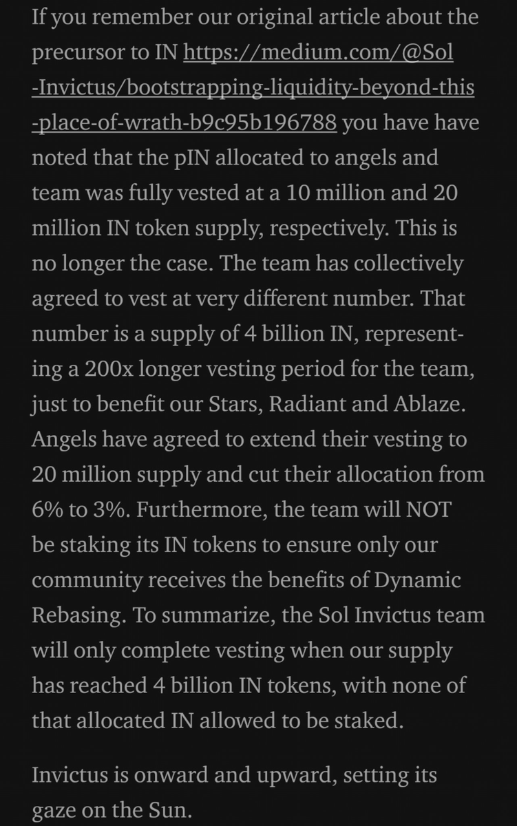 i've never been so bullish on anything in my life. the $in team just extended their vesting period from 20 million supply to 4 billion supply. current supply is 260,000. and they're not staking, which means they're not accruing any staking rewards. <a href="/InvictusDAO/">Sol Invictus (◎,◎)</a>