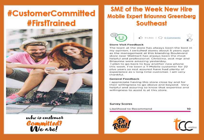 TCCMobile's tweet photo. SME of the Week New Hire Edition continues with Briaunna - Southeast Region - Amazing feedback  #TCCFamily🧡#CustomerCommitted #FirstTrained

@jaymaliktcc @BrettKennedyTCC @FrankieETCC @CromityDemario @ChartierDoug @codybwelker @shellalatulip @MaTrenta619 @ARod_013 @Keith3W https://t.co/Armypdu550