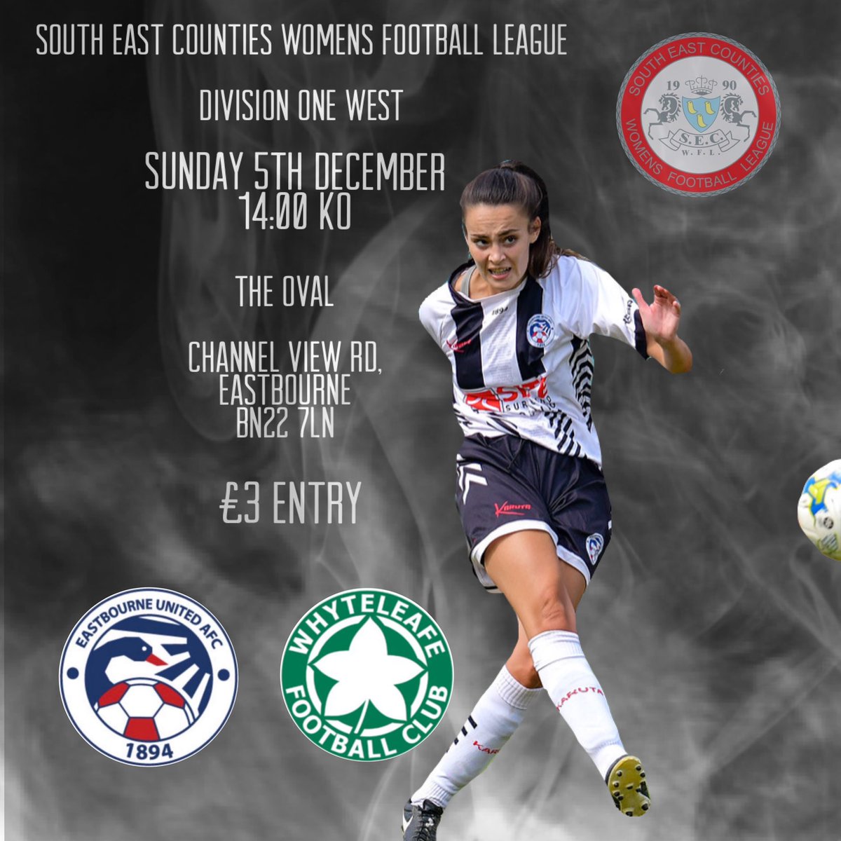 ⚫️⚪️ EUAFC Women’s Fixture ⚪️⚫️ 

Our final home game of 2021. 

📆 Sunday 5th December
⏰ 14:00
🆚 <a href="/whyteleafeWDev/">Whyteleafe Women FC Development Team</a> 
🏟 The Oval 
📍 BN22 7LN
🏆 SECWFL Division One West
🎟 £3.00 Entry 

#EUAFC ⚫️⚪️