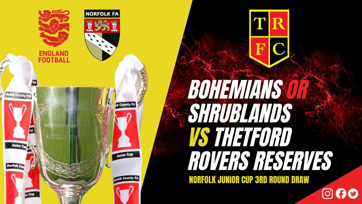 SportsFranco's tweet photo. The @NorfolkCountyFA Junior Cup 3rd Round draw has been made and our Reserves will face the winner of Shrublands or Bohemians 🏆

#uptherovers #supportlocal @JackWestJordan @tarseychris1 @superblueed #thetfordroversfranco https://t.co/wUpWngLLHS