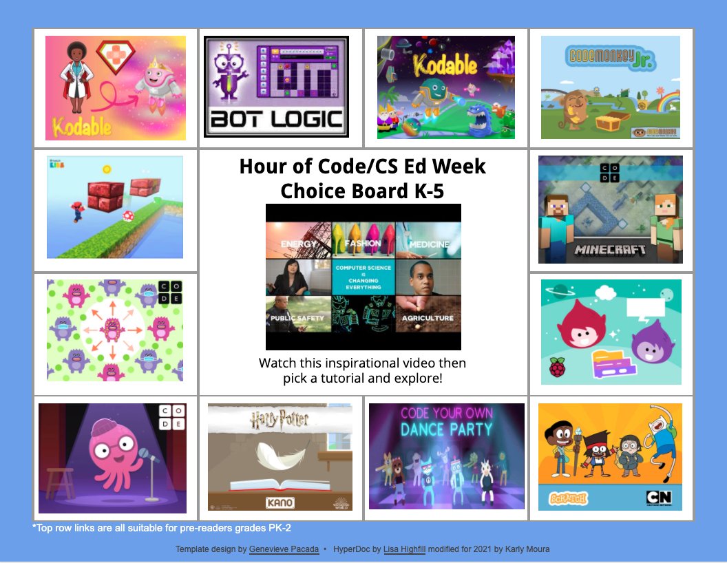 KarlyMoura's tweet photo. 🚨Updated #CSEdweek 📺 Live Events Calendar
➕
💻Updated K-5 #HourofCode choice board and 6+ #HOC choice board
#Ditchbook @codeorg @CSEdWeek
Grab all the links here👇
https://t.co/4AHnjNgi7W https://t.co/kQkeZ5ZAPJ