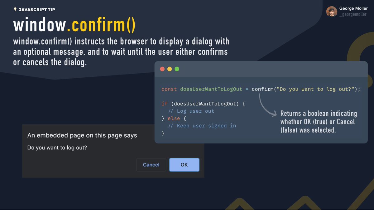 _georgemoller's tweet image. 💡 Did you know you can create a simple alert dialog with one line of JavaScript?