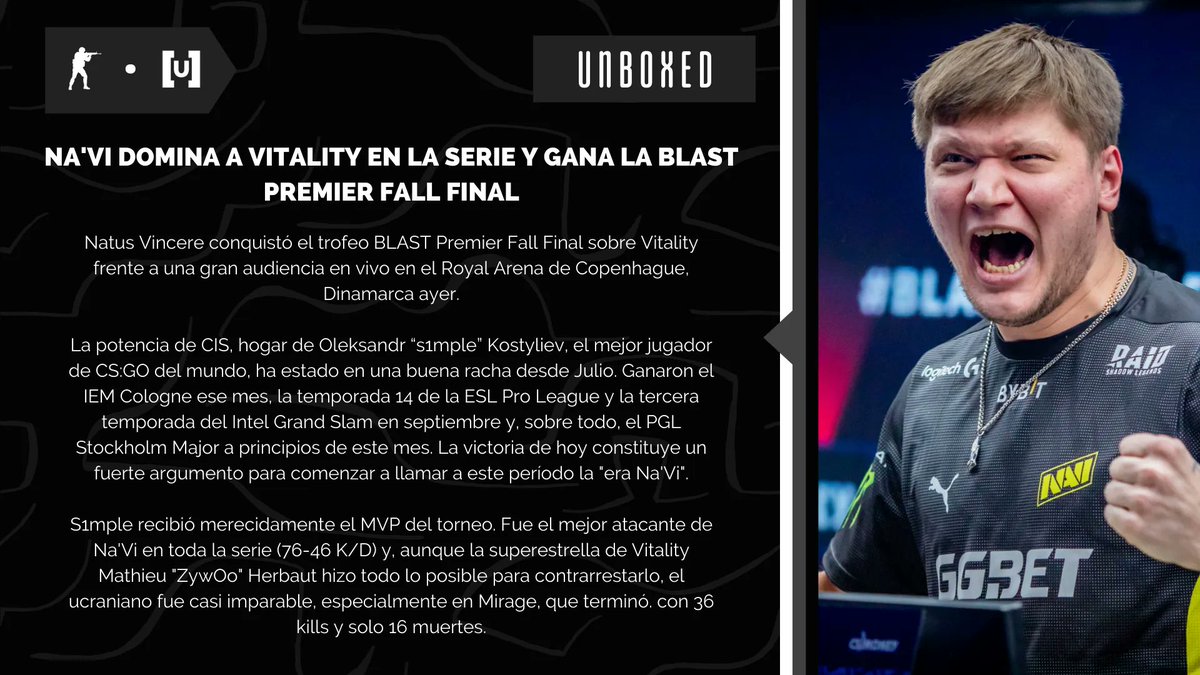 UnboxedES's tweet photo. #UXRec | @s1mpleO mente imparable 🔥
Comenzó "la era @natusvincere", se corona campeón de la @BLASTPremier Fall Final ⏫
#BLASTPremier #CSGO #NAVI https://t.co/LDDlqE0n31
