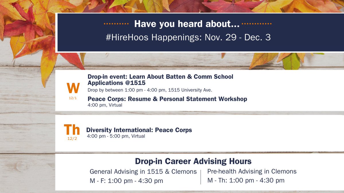 Need help on Comm School or Batten applications? Want to learn more about the Peace Corps? The Career Center has you covered! 
Comm Sch. &amp; Batten Apps: bit.ly/32Kzhla
Peace Corps Resume &amp; Personal Statement: bit.ly/3rowxEe
Diversity Intl: bit.ly/31ccwpQ