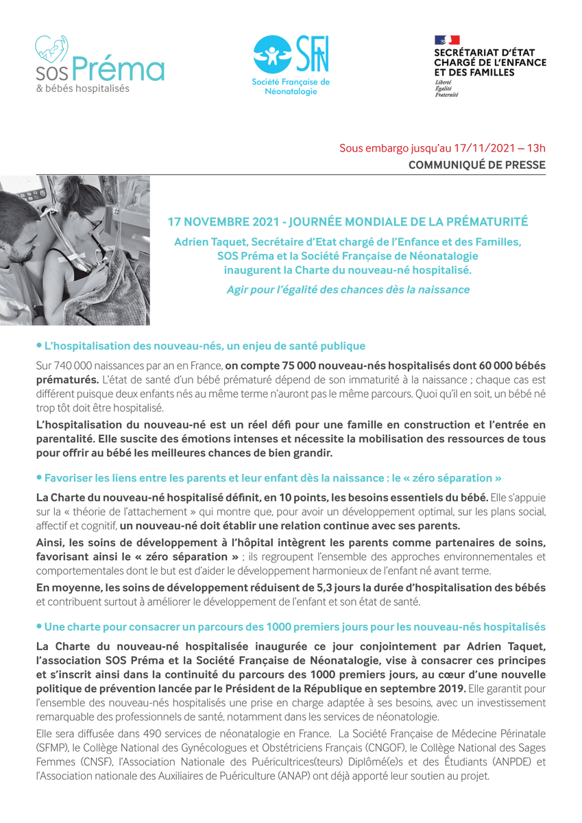 SNMKR1's tweet photo. Jeudi 17/11, Adrien Taquet, Secrétaire d’Etat chargé de l’Enfance et des Familles, SOS Préma et la Société Française de Néonatalogie inauguraient la Charte du nouveau-né hospitalisé.
Ce doc s’inscrit dans la continuité du parcours des 1 000 premiers jours. A découvrir ici : https://t.co/YnTm5NBSkH