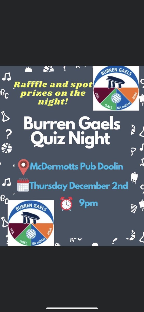 💡Our annual quiz night is on this Thursday night! 

€5 per person, come with your team for an evening of fun🥳 

Anyone who can offer raffle prize of wine/chocs/biscuits/etc please drop to Mairead in The Ritz or give to any committee member. 

Thank you! 🥰