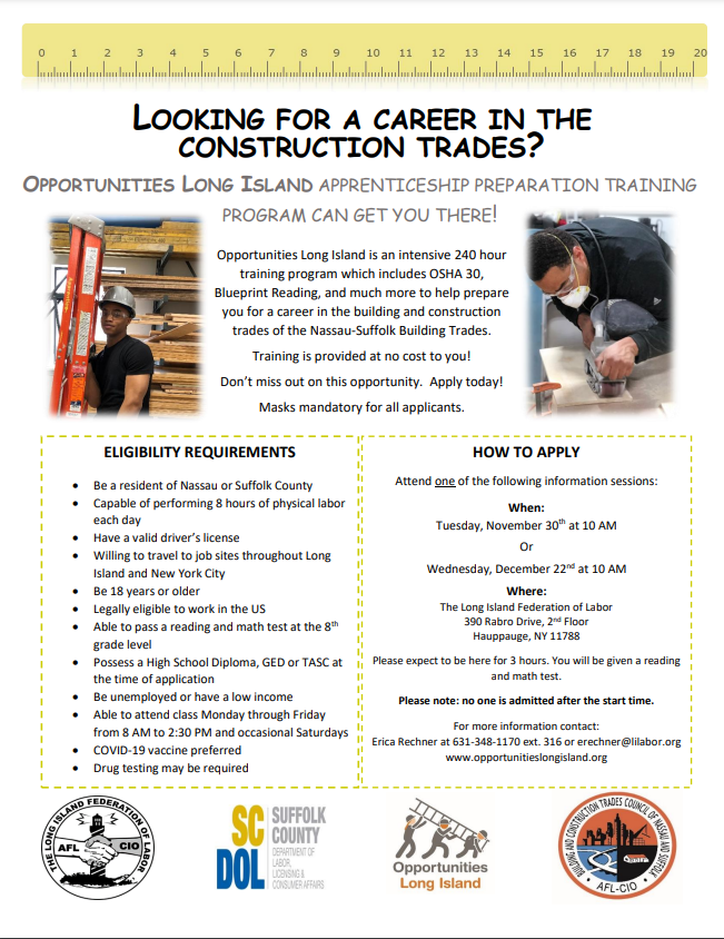 LIFEDofLABOR's tweet photo. In case you missed the last info session, Opportunities LI will be hosting their next session tomorrow, Tues, Nov 30 at 10 am at the LI Fed- 390 Rabro Dr, Hauppauge, NY 11788. This will be a great opportunity to learn about careers in the building trades. @nsbctc @SuffolkLabor https://t.co/69pNxsEp9w