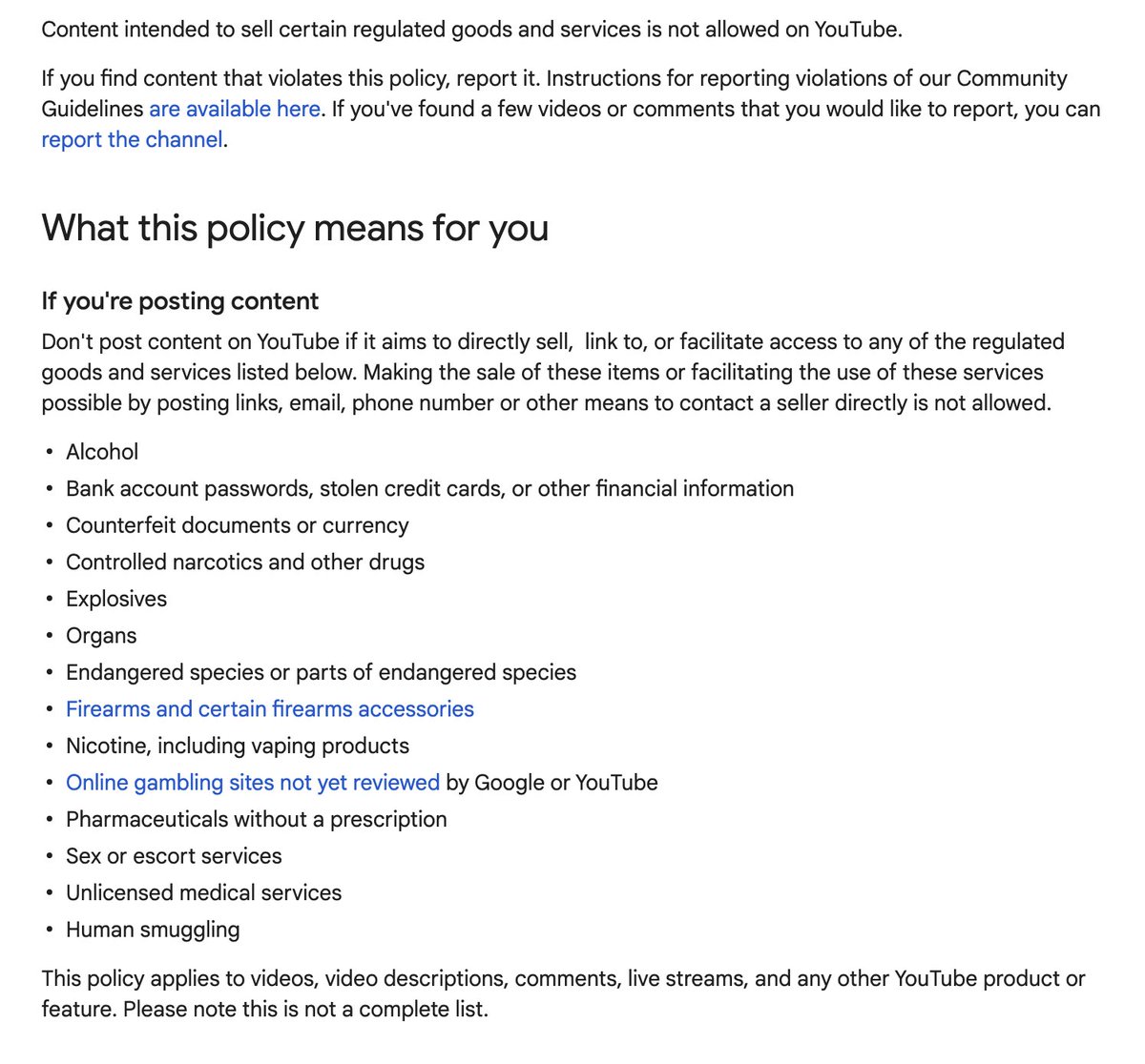 GrimmGreen's tweet photo. These are the @YouTube "regulated goods" rules. Notice nicotine falls under the same category as human smuggling.  This is what vape-tubers have to deal with. https://t.co/BMwUIfWtbH