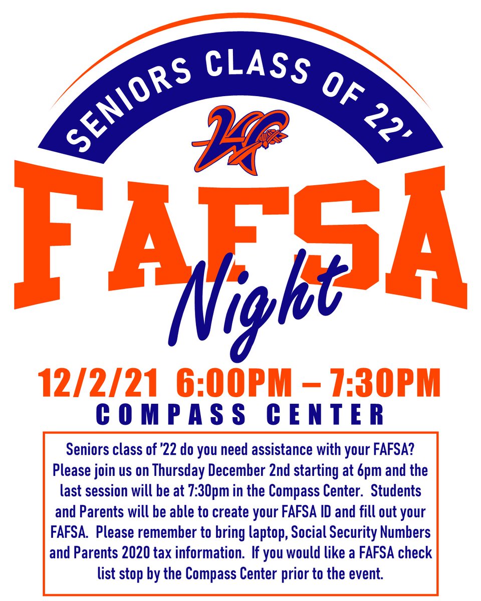 tearemupww62's tweet image. 𝗙𝗔𝗙𝗦𝗔 𝗡𝗶𝗴𝗵𝘁 

All seniors and senior families, please join us for our upcoming FASFA night! This will be held in the Compass Center Thursday, December 2nd.  We look forward to seeing you! 

#WarriorCentered #FutureFocused #FAFSANight
